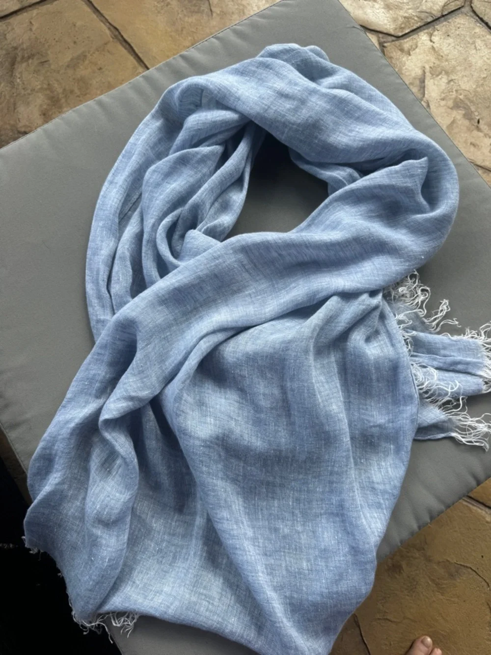 PURO LINO 100% Linen Scarf Italy Pale Blue Wrap Table Runner Fringed 80” x 28“